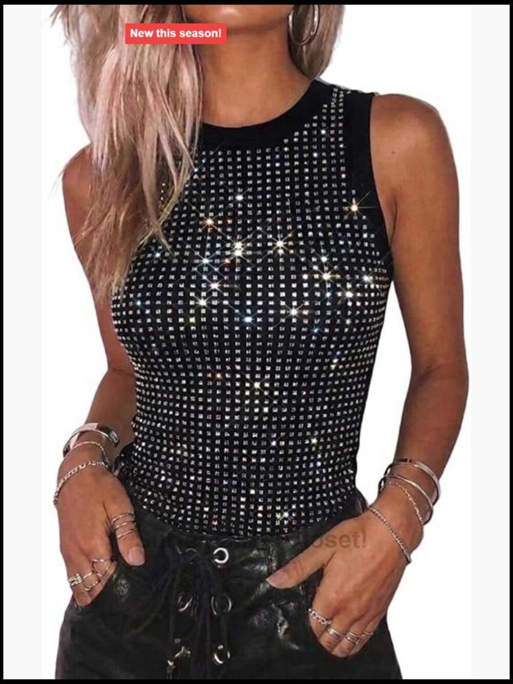 Sleeveless Rhinestone Tank Top Sparkly Ribbed Summer Top for Women